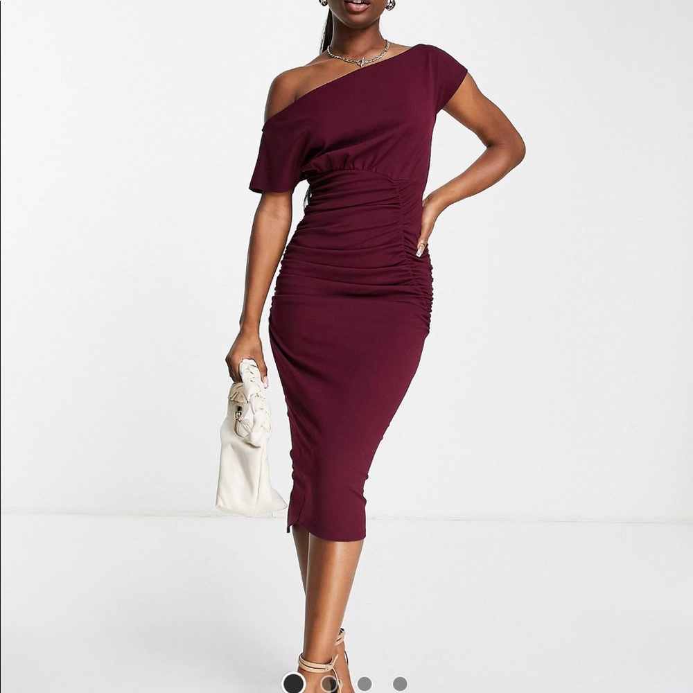 ASOS Fallen Shoulder Ruched Crepe Midi Dress